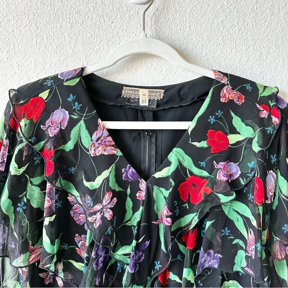 Vintage Holly Harp Ruffle Layered Tiered Floral Dress in Black Size Medium 80s - Picture 4 of 10